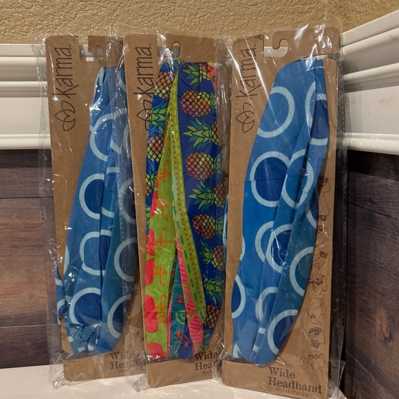 Karma Accessories - Karma Brand Wide Head Bands Set Of 3 Blue Circles Flamingo Pineapple New Boho
